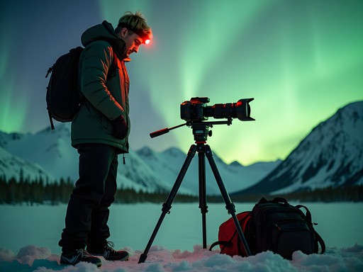 Professional photographer with camera equipment photographing northern lights in Alaska winter landscape