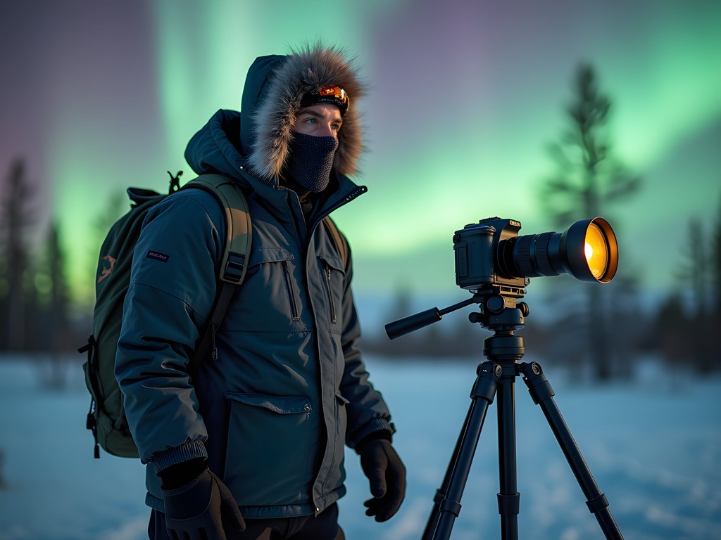 Photographer in extreme cold weather gear photographing aurora borealis in Alaska wilderness