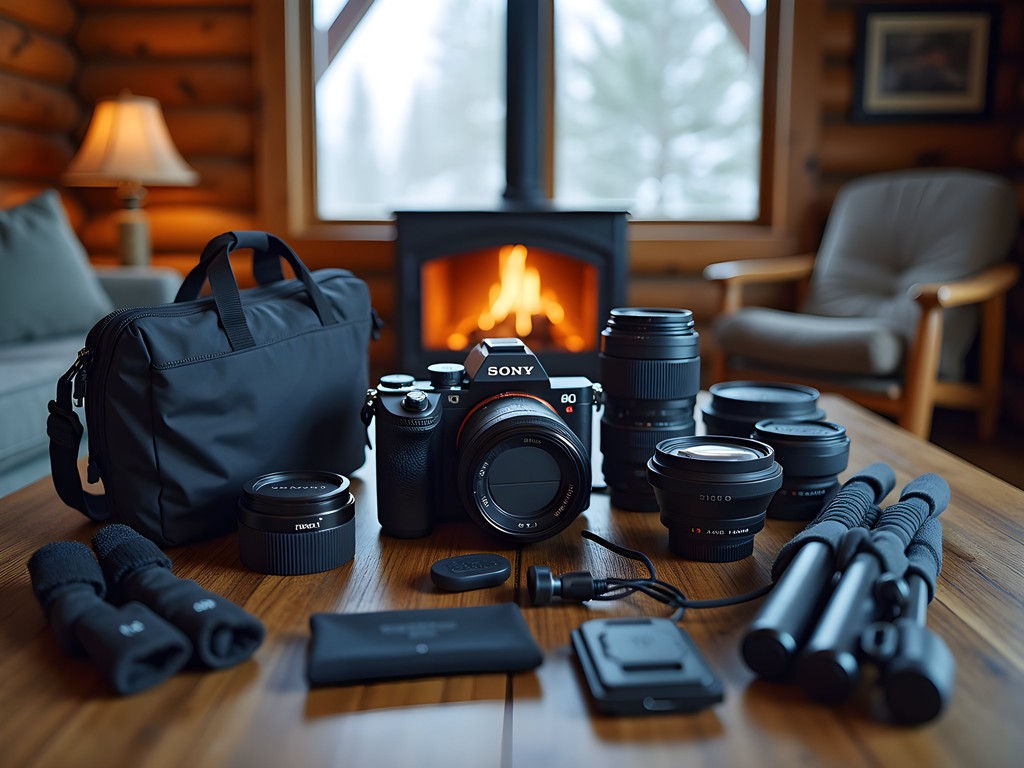 Professional camera equipment laid out for winter photography in Alaska