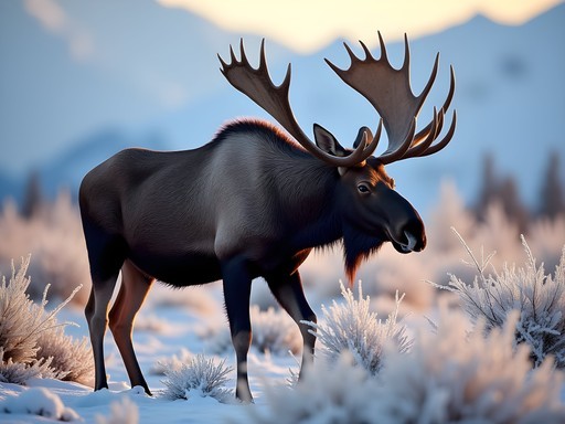 Bull moose with impressive antlers foraging in snowy Chugach State Park landscape