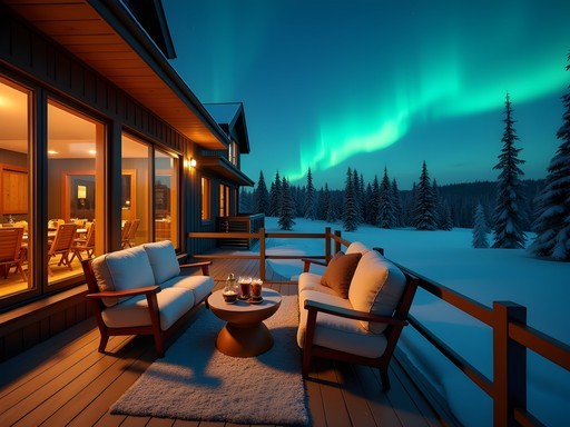 Luxury wilderness lodge with private aurora viewing deck and comfortable seating