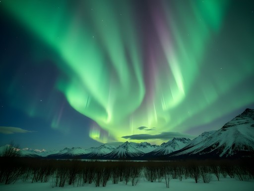 Spectacular green and purple northern lights over Chugach Mountains near Anchorage Alaska