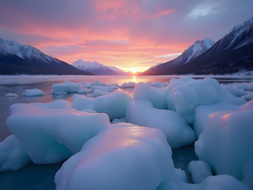 Dramatic ice formations along Turnagain Arm at sunrise with pink and gold light