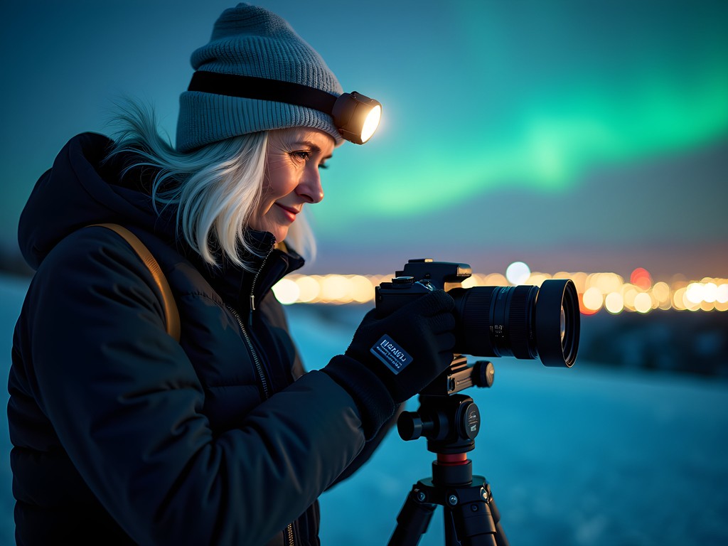 Photographer setting up camera equipment for northern lights photography in Alaska winter