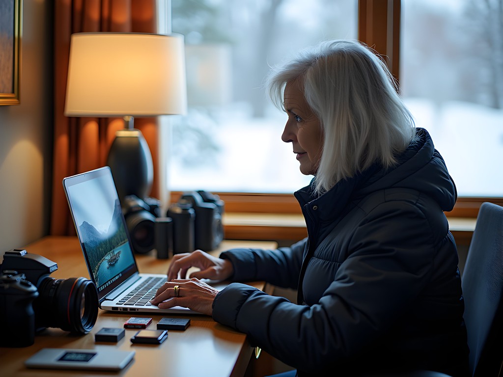 Photographer reviewing images in hotel room with camera equipment organized