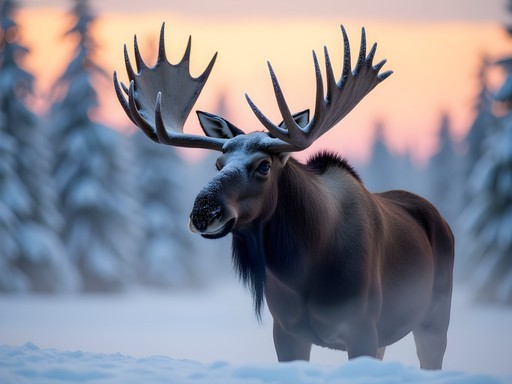 Bull moose with frost-covered antlers in snowy Chugach State Park near Anchorage