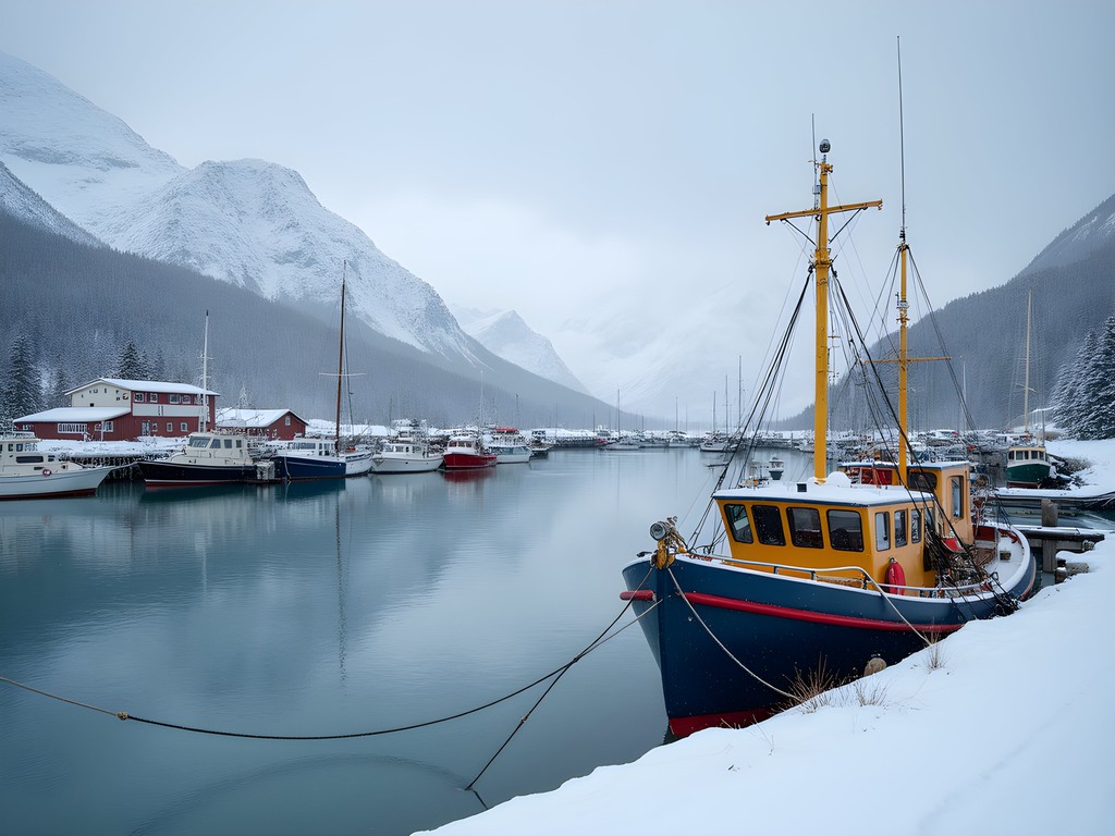 Snow-covered boats in Seward Small Boat Harbor with mountains in background