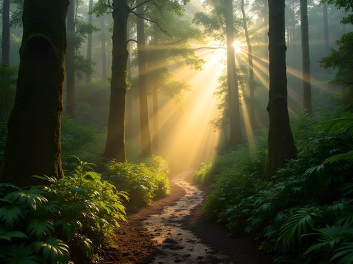Atmospheric misty trail through Andasibe rainforest at dawn