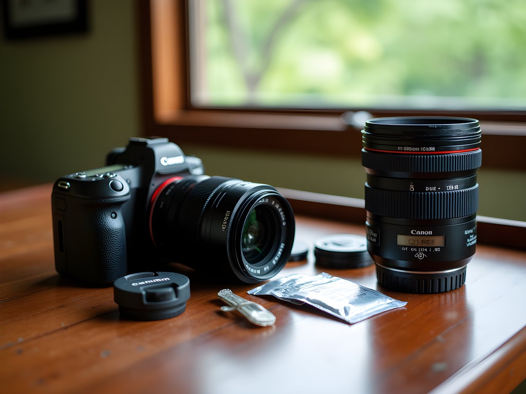 Photography equipment arranged for rainforest expedition in Andasibe