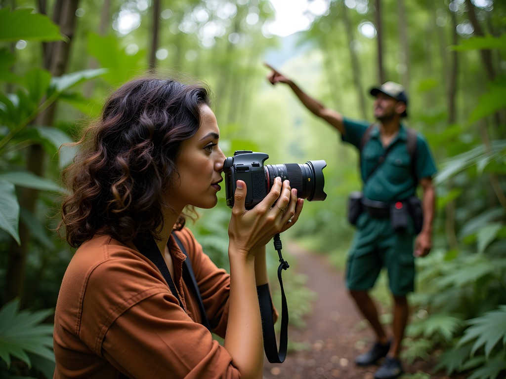 Wildlife photographer with local guide tracking lemurs in Andasibe rainforest