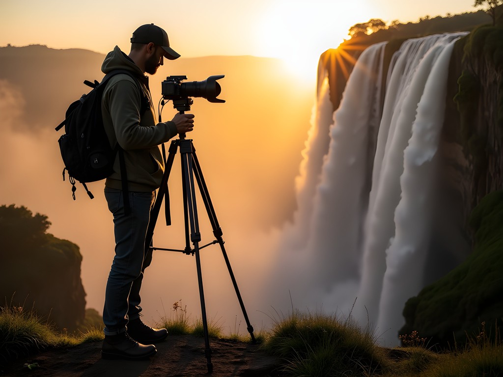 Photographer capturing long exposure of Angel Falls using tripod and filters