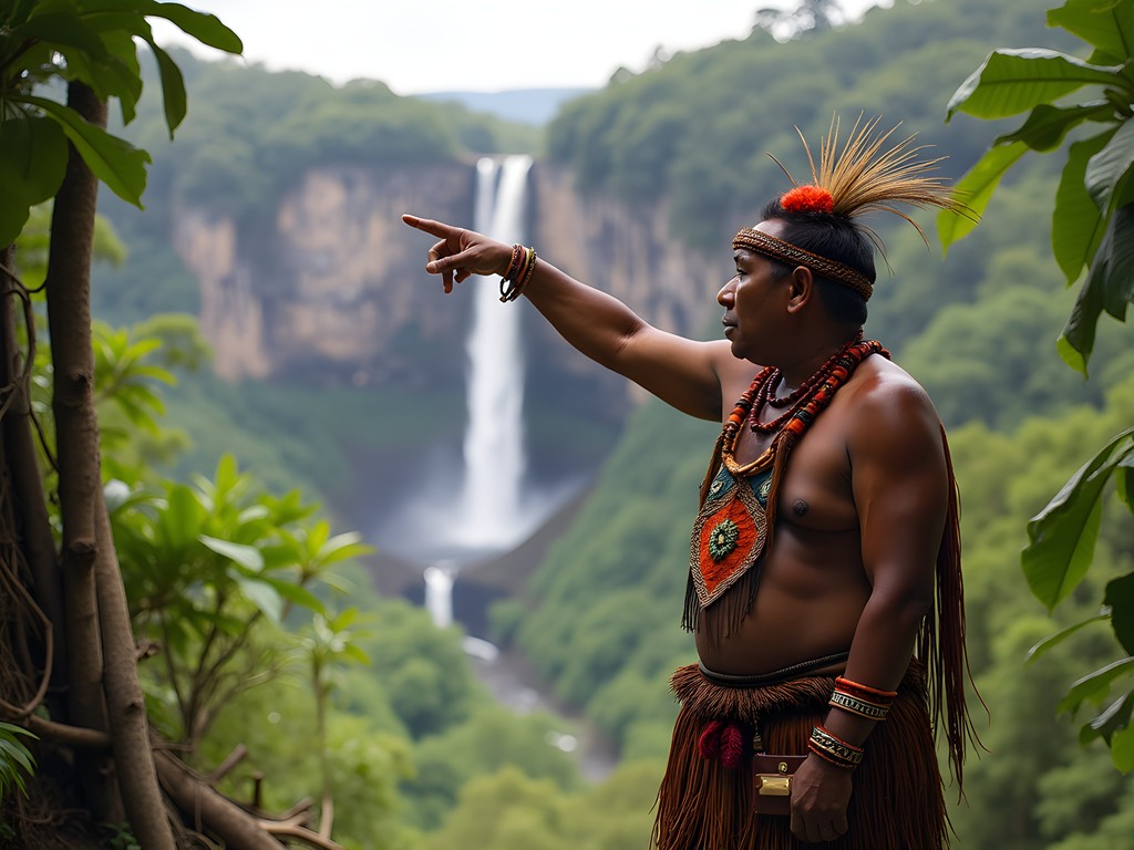 Local Pemon guide pointing out features of Angel Falls to photographer