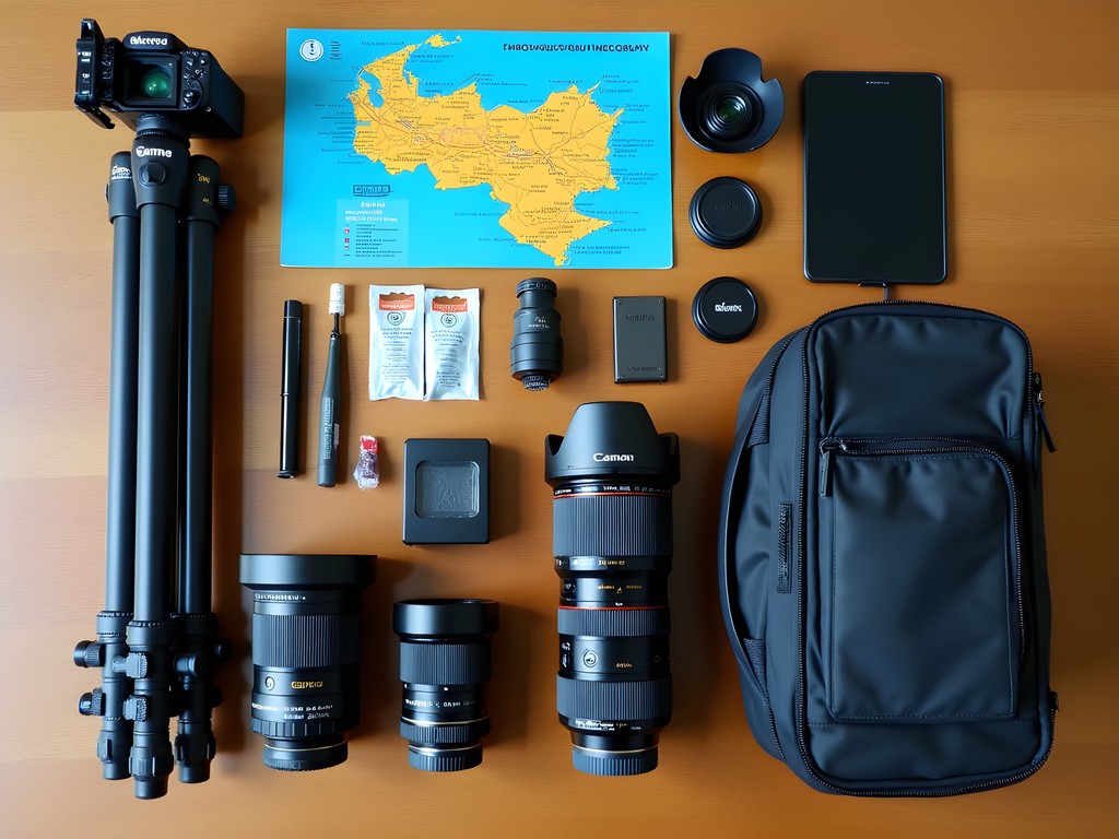 Essential photography equipment laid out for Angel Falls expedition