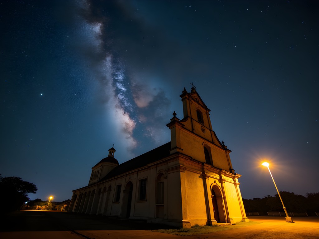 Colonial cathedral in Antsirabe silhouetted against star-filled night sky