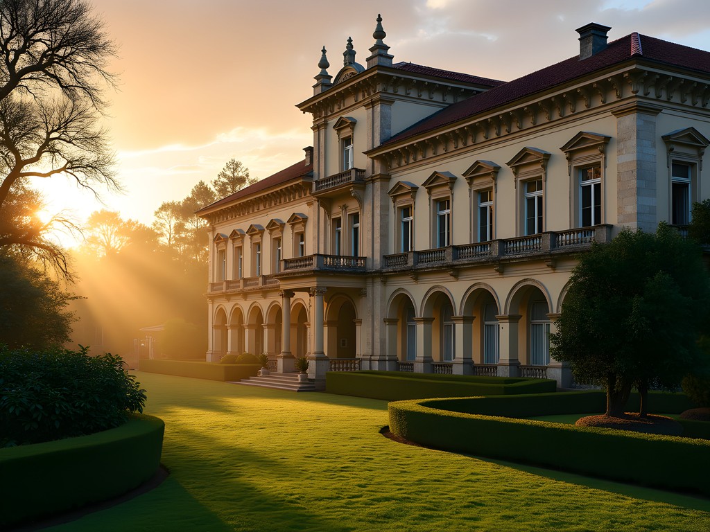 Hotel des Thermes colonial building in Antsirabe at dawn with golden light