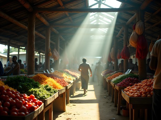 Beams of light streaming through Antsirabe market roof illuminating colorful produce displays