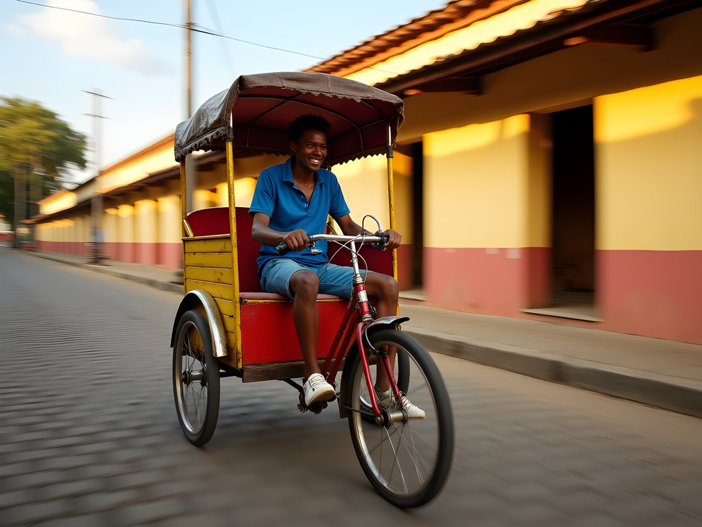 Motion-blurred photograph of colorful pousse-pousse against colonial buildings in Antsirabe