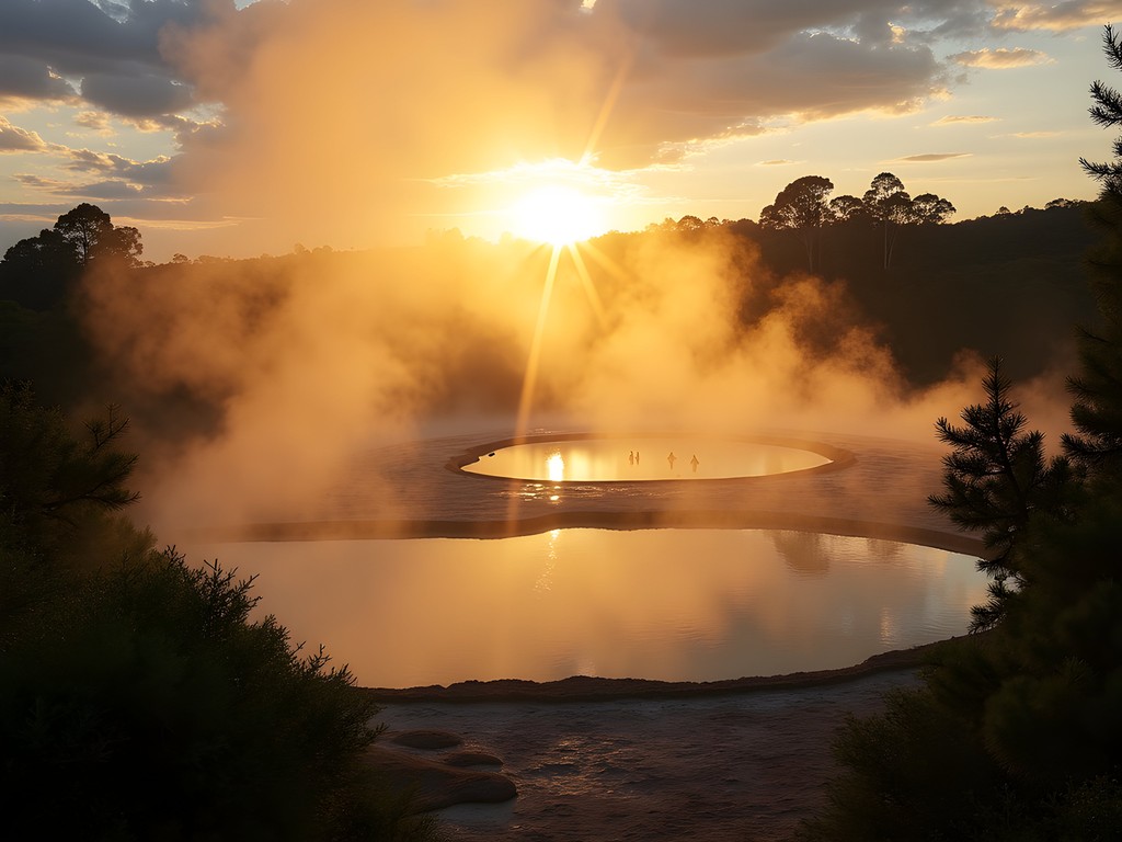 Misty thermal springs in Antsirabe at sunrise with silhouettes of early bathers