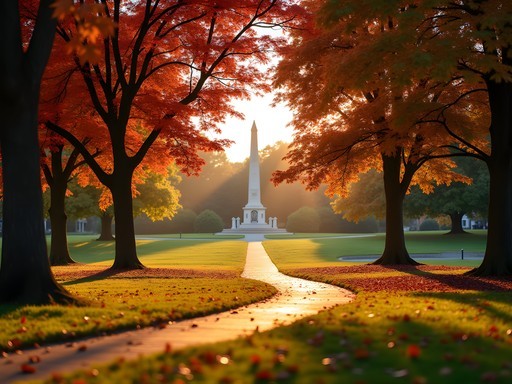 Autumn foliage in Cornwall Park with One Tree Hill and Auckland skyline in distance