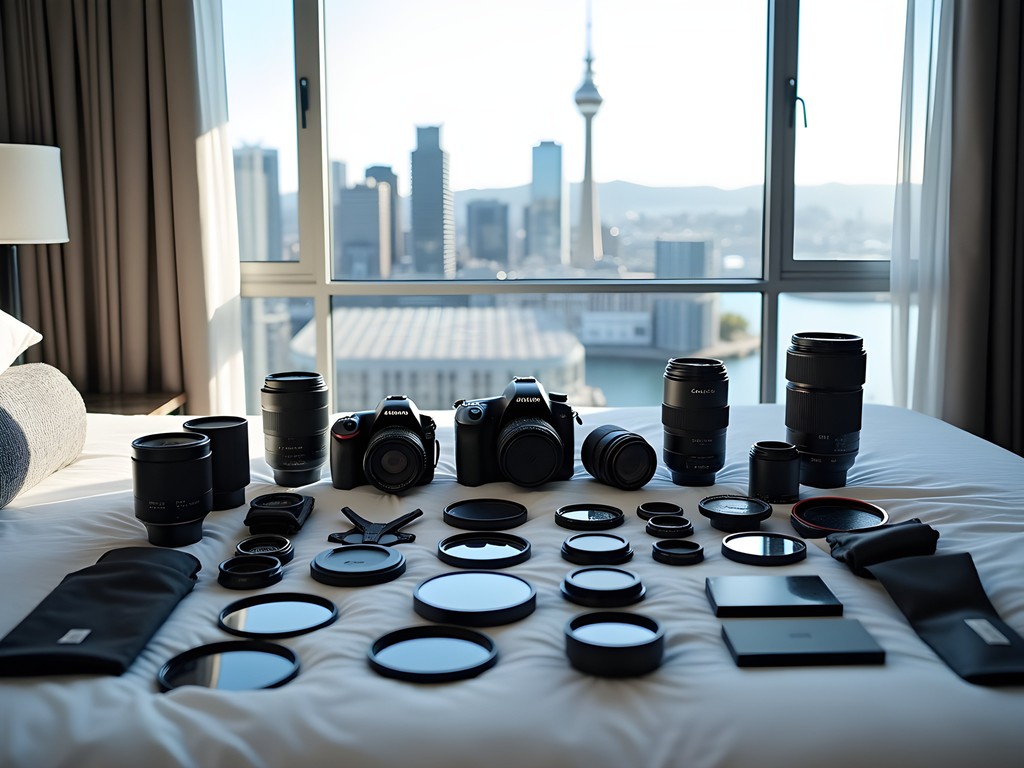 Photography gear laid out with Auckland skyline in background