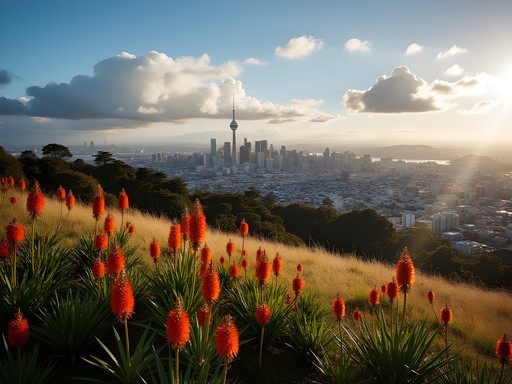 Auckland cityscape view from Mount Eden with spring flowers in foreground
