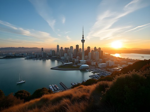 Auckland skyline at sunrise from Devonport with golden light