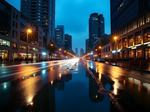 Rainy night reflection of Auckland Viaduct Harbor with city lights