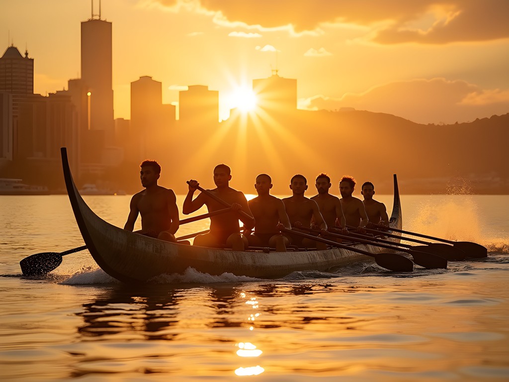 Sunrise at Okahu Bay Auckland with waka ama paddlers and city skyline