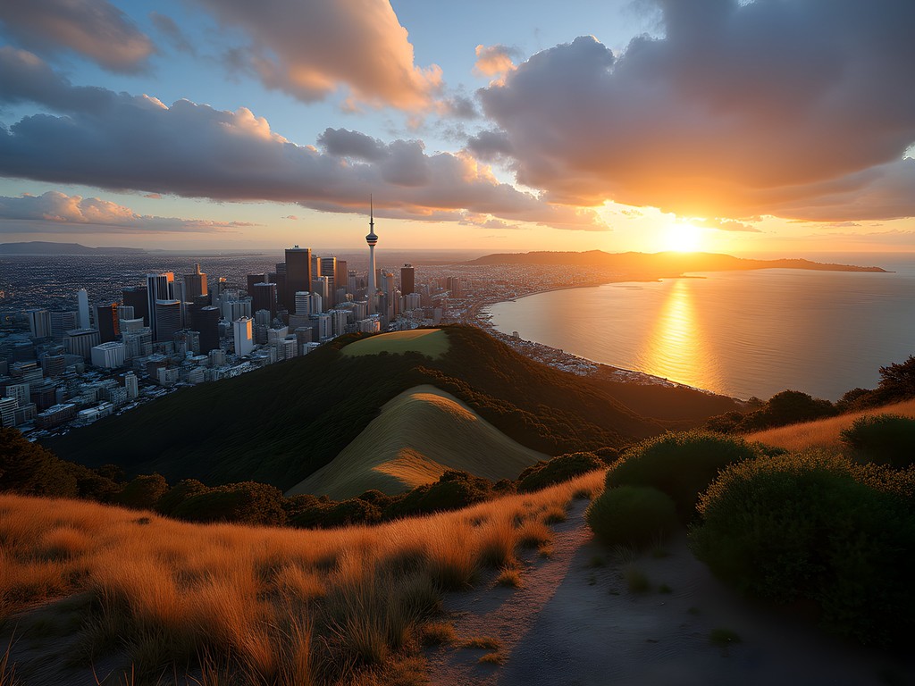 Auckland cityscape from North Head with volcanic cones visible at sunset