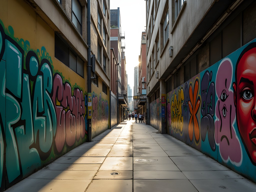 Early morning light in Melbourne laneway highlighting colorful street art