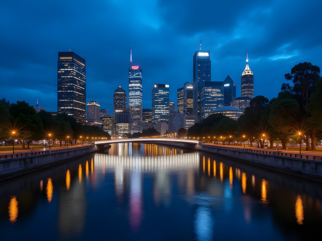 Melbourne's Yarra River at blue hour with city lights reflecting on water