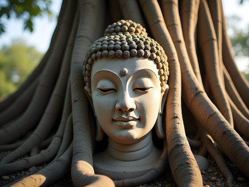 Famous Buddha head entwined in tree roots at Wat Mahathat in golden morning light
