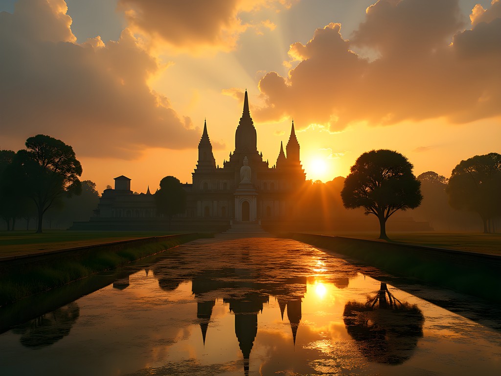 Golden sunrise light illuminating Wat Chaiwatthanaram temple in Ayutthaya