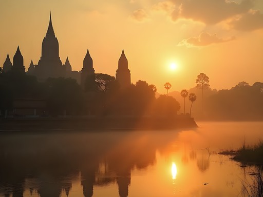 Lesser-known temple in Ayutthaya surrounded by morning mist at sunrise