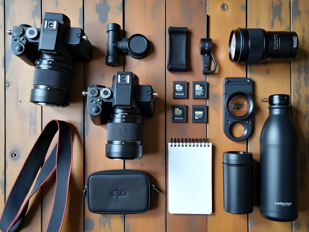 Essential photography gear laid out for temple photography in Ayutthaya