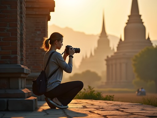 Photographer respectfully capturing morning rituals at Ayutthaya temples