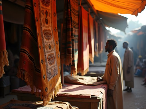 Colorful textile display at Bamako's Grand Marché with traditional bogolan mud cloth patterns
