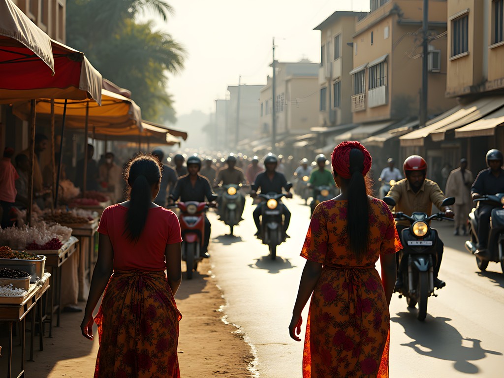 Candid street scene in Bamako showing daily life with merchants, motorbikes and pedestrians in warm afternoon light