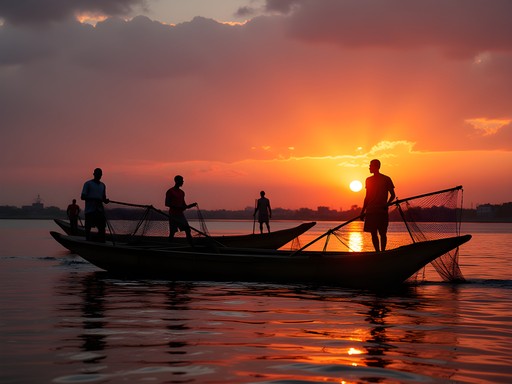 Silhouettes of fishermen on wooden pinasse boats against orange sunset on Niger River in Bamako