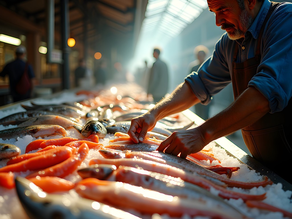 Early morning light illuminating colorful fish display with vendor at Mercado de la Boqueria in Barcelona
