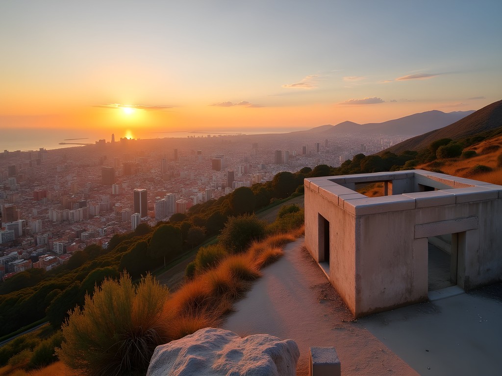 Golden sunset panorama of Barcelona from Bunkers del Carmel viewpoint