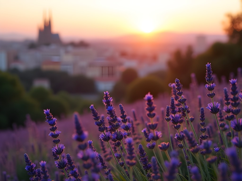 Purple lavender field on Carmel Hill with Barcelona cityscape in background during golden hour