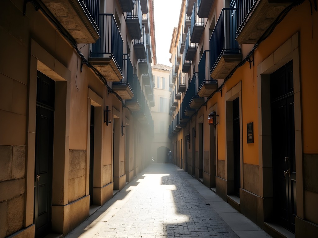 Dramatic light rays in narrow medieval street of El Born district, Barcelona