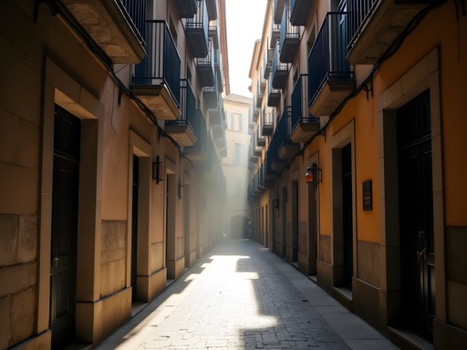 Dramatic light rays in narrow medieval street of El Born district, Barcelona