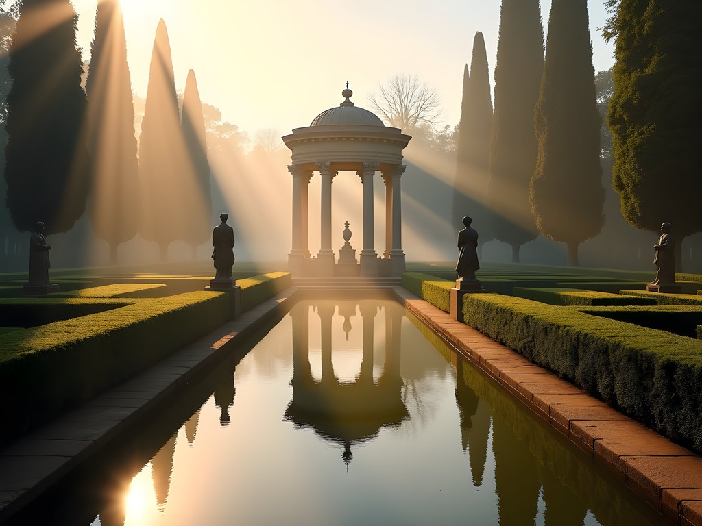 Early morning mist over hedge maze with classical pavilion reflected in still pond at Horta Labyrinth Park