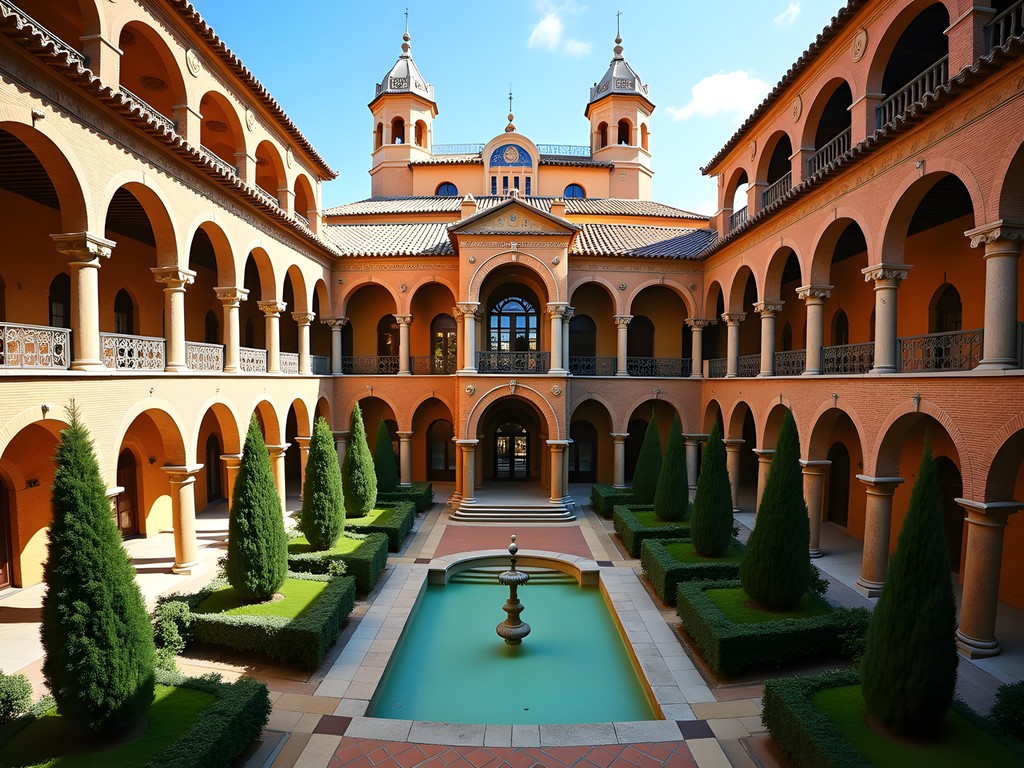 Colorful modernist architecture of Hospital de Sant Pau with ornate domes and pavilions