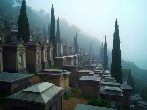 Morning mist over terraced mausoleums at Montjuïc Cemetery with Mediterranean Sea in background