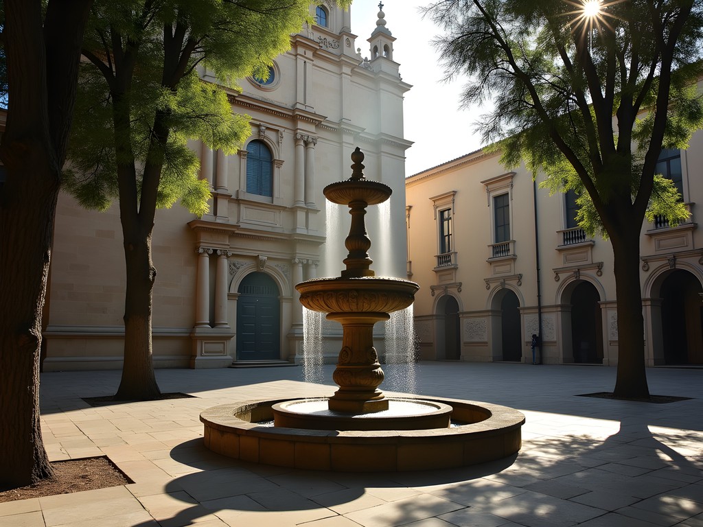 Renaissance fountain in Plaça de Sant Felip Neri with shrapnel-scarred church walls in background