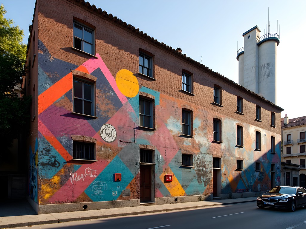 Vibrant street art on old industrial building in Poblenou district of Barcelona