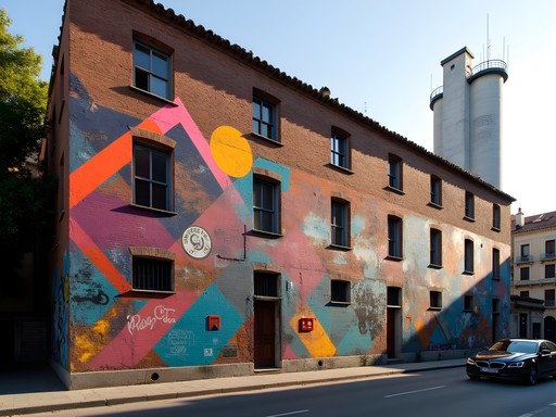 Vibrant street art on old industrial building in Poblenou district of Barcelona